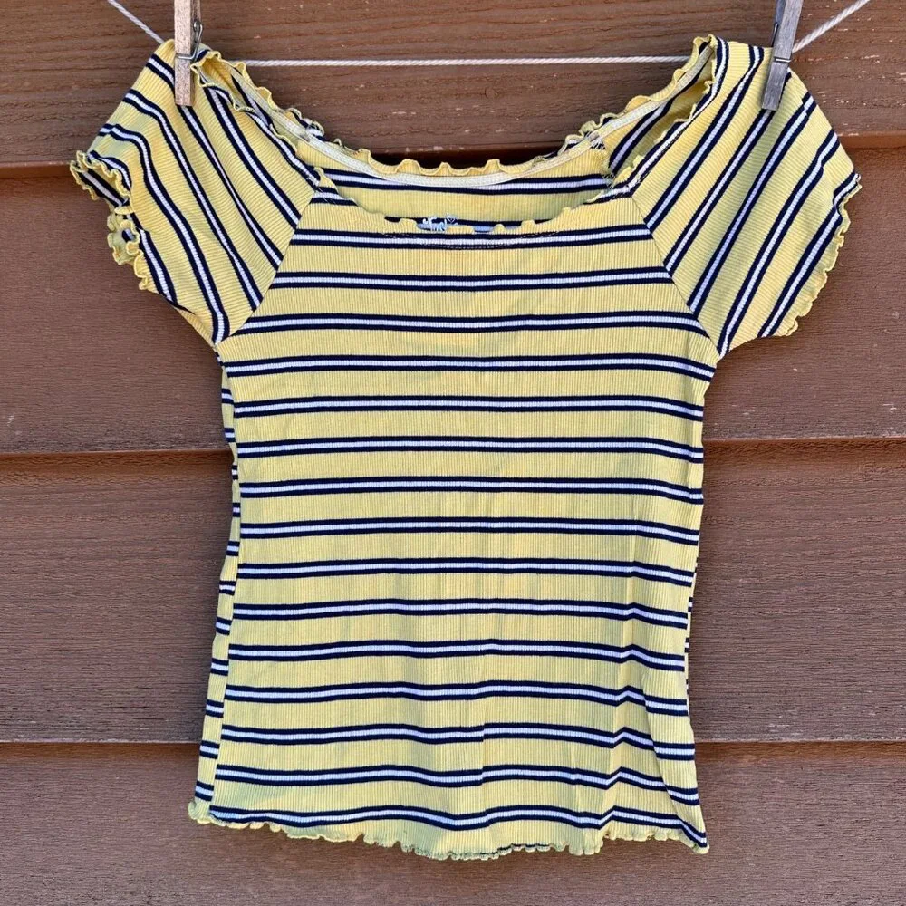 Justice Girls Yellow & Navy Striped Ribbed Top Lettuce Trim Short Sleeve Size 12